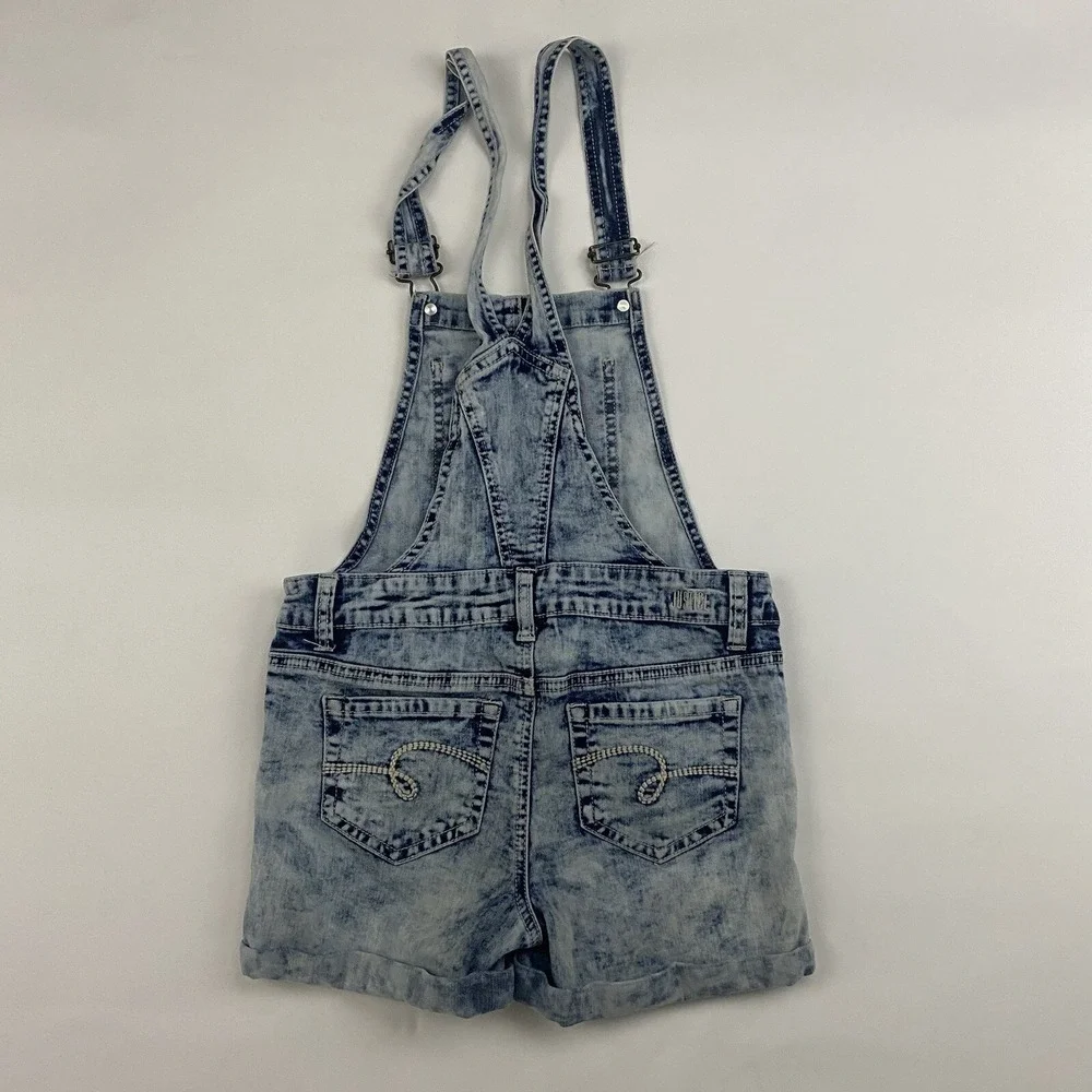 Justice Girls Shortalls Overalls Shorts Sz 12 Denim Blue Jean Acid Wash Stretch